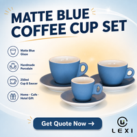 Ensemble tasse et soucoupe à café en porcelaine artisanale bleu mat 250 ml, moderne, LEXI, durable, pour la maison, le café, l'hôtel, logo personnalisé, cadeau, décoration de table