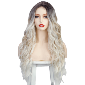 Perruques synthétiques frontales haut de gamme, 26 pouces, cheveux longs bouclés, Deep Wave, Body Wave, dentelle transparente, couleur or mélangé noir naturel - Product Image 1