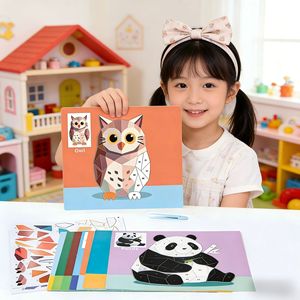 Rompecabezas de pegatinas, juguete de papel para pintar para niños mayores de 3 años, libro de actividades educativas con personajes y edificios - Product Image 2