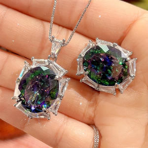 Ensemble de bijoux géométriques vintage 9 Fashion en cuivre plaqué or blanc avec zircone cubique taille coussin 15*18mm, collier et bagues, pour mariage et fête - Product Image 1