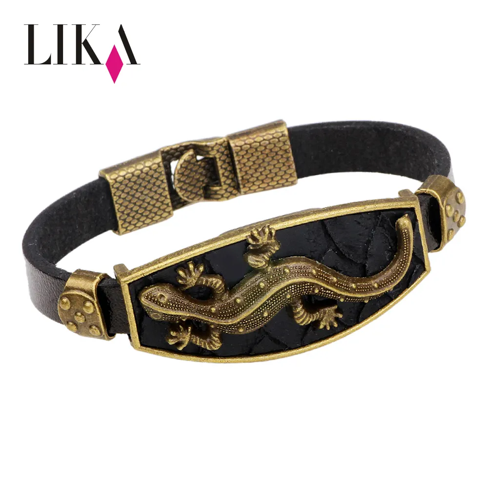 LIKA Fashion Animal Design Engraved Lizard Alloy Bar Leather Engraving Bracelet