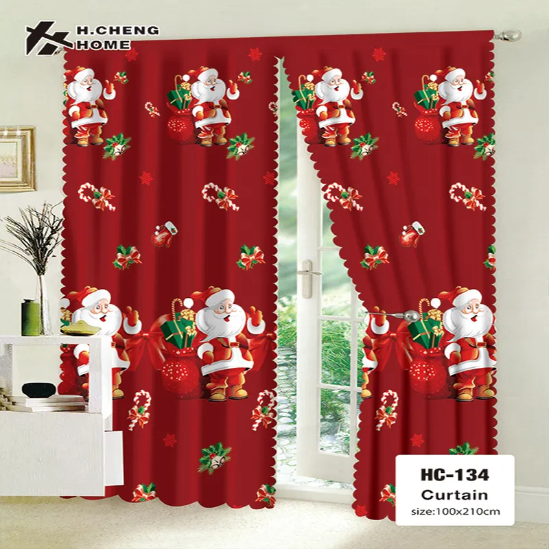 クリスマスカーテン100% ポリエステルクリスマスブラックアウト赤いカーテン生地布