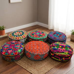 Traditional Embroidery Cotton Fabric Floor <b>Poufs</b> Modern Embroidered Ottoman for Living Room Home Furniture Malani Impex - Product Image 3