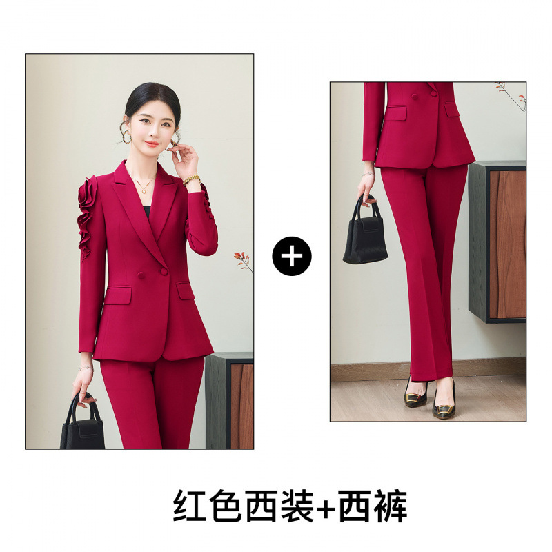 Red suit with slightly flared trousers