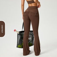 Pantalon de yoga taille haute évasé couleur pêche effet seconde peau pour femme avec poches boutonnées, contrôle du ventre, en Spandex/Nylon, longueur intégrale