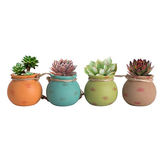 4 Pots De Fleurs Suspendus En Céramique - Mini Jardinières Avec Corde En Jute - Multicolores Pour Succulentes