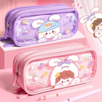 Trousse à crayons pour fille à trois couches de grande capacité Sac de papeterie transparent en coeur Nouveau cuir de grande valeur pour l'école primaire