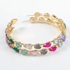 Luxury Gems Rhinestones Hoop Earrings Women Statement Rhinestone Round Drop Earrings Party Jewelry Colorful Cubic Zircon Earring