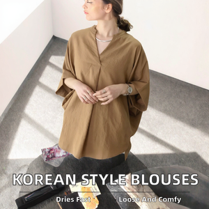 Women's Linen V-Neck Blouse Kimono <b>Sleeve</b> Asymmetric Loose Fit Solid Color Minimalist Style Breathable <b>Long</b> <b>Top</b> - Product Image 2