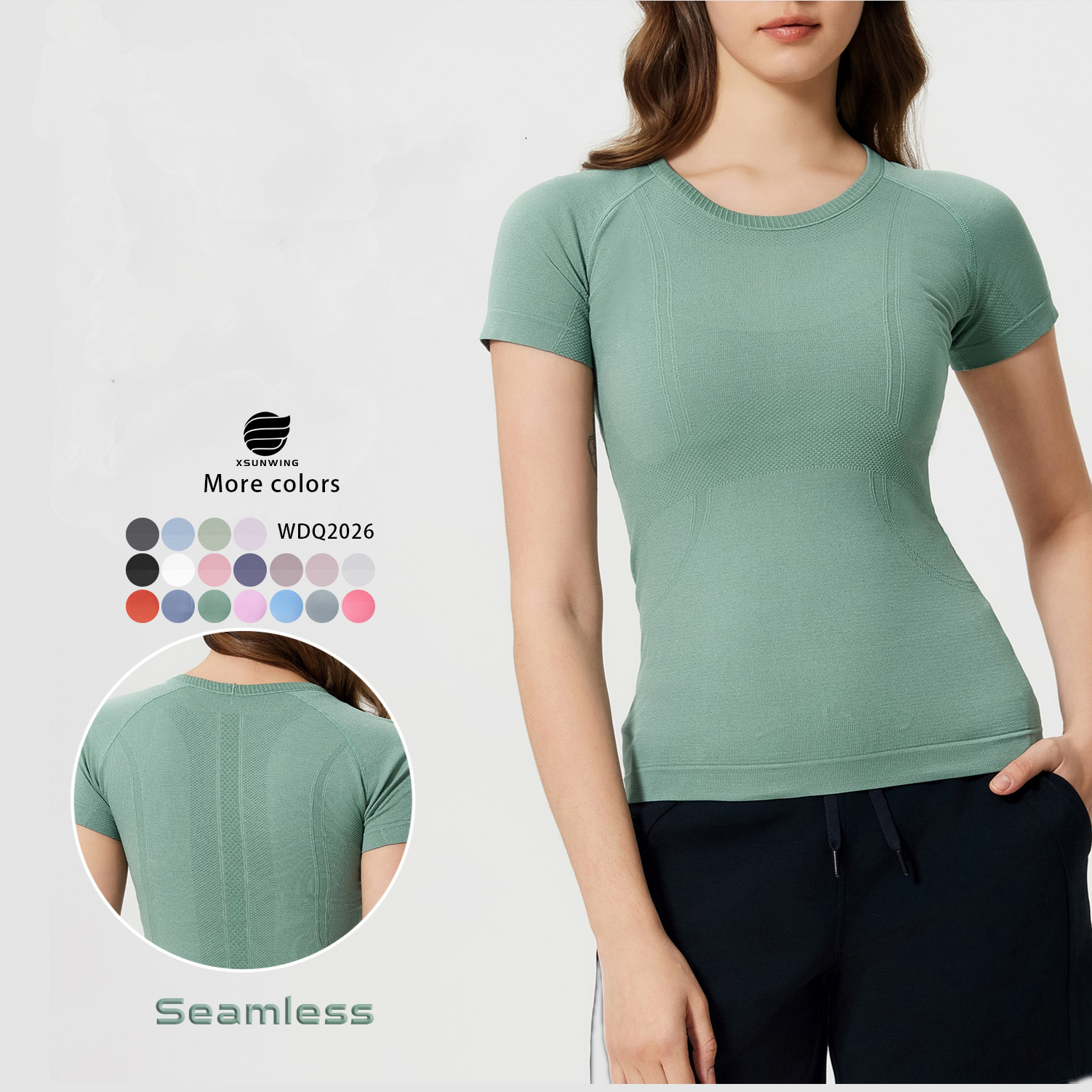 Xsunwing Women Breathable Equestrian Seamless Workout Short Sleeve T Shirts Slim Fit Crew Neck Quick Dry Sport Yoga Tops WDQ2067
