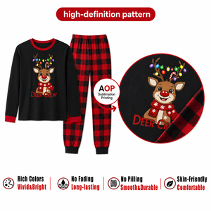 Ensemble de pyjamas assortis pour la famille, imprimé rennes de Noël personnalisé, à carreaux noirs, en polyester, vêtements de nuit pour hommes, femmes et enfants, dropshipping POD MOQ 1PC - Product Image 2