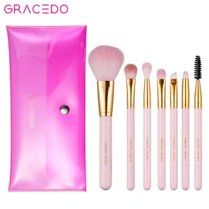 Gracedo Set Kuas Rias Wajah 7 Buah, Kuas Kecantikan dengan Tas Kosmetik Tabung Emas Elegan Imut Merah Muda Cantik dengan Tas