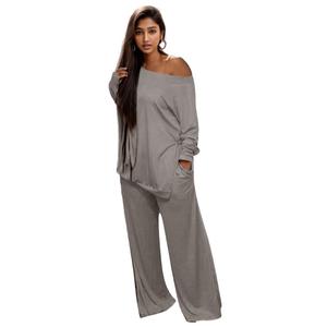 Ensemble deux pièces décontracté pour femme, chemisier fendu grande taille et pantalon large, tenue de détente - Product Image 1