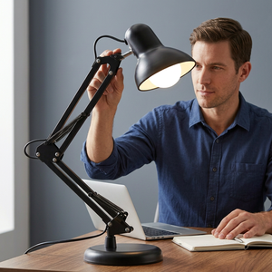 Lámpara de escritorio moderna de metal negro CH con brazo ajustable y base circular para iluminación de oficina en casa - Product Image 1