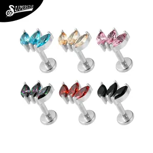 Superstar Custom G23 Titanium Externally Threaded Labret Prong Setting Marquise Shape Zircon PVD Lip Stud Body Piercing Jewelry