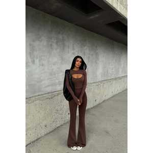 Women's Brown <b>Jumpsuit</b> Window Detail Bow Collar Knitted Fitness Yoga <b>Jumpsuit</b> for Autumn Summer <b>Parties</b> Midi Printed Pattern - Product Image 1