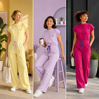 Combinaison pour femmes à col montant, manches courtes, taille à cordon de serrage, jambes larges, extensible dans 4 directions, multi-poches, pour uniforme d'infirmière en milieu hospitalier et clinique