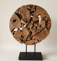 Sculpture artisanale en bois rond à base de racine d'arbre, décoration de table en bois naturel avec support métallique, ornement artistique rustique pour la maison