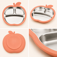 Ensemble de vaisselle pour bébé sur le thème de la pomme, bol, assiette et tasse, intérieur en acier inoxydable, extérieur en silicone, ventouse, vaisselle pour tout-petits, ensemble de sevrage