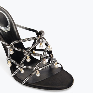 Sandalias de tacón alto y fino para mujer, con tiras cruzadas de diamantes, zapatos de verano con pedrería completa, mules de tacón de aguja con perlas. - Product Image 4
