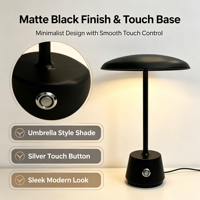 Lampe de table en forme de champignon noir, lampe de bureau moderne à commande tactile avec abat-jour en forme de parapluie pour chambre à coucher, bureau
