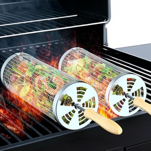 Hot Selling Outdoor <b>Rolling</b> <b>Grill</b> <b>Basket</b> With Wooden Handle, 304 Stainless Steel <b>Grill</b> <b>Bbq</b> <b>Baskets</b> <b>Rolling</b> Grilling <b>Basket</b> - Product Image 1