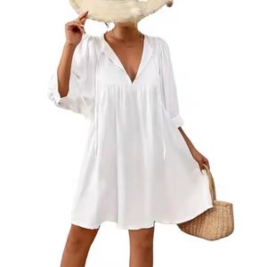 Nouvelle Robe Chic Bohème d'Été 2025 pour Femme, Col en V, Taille XL, en Mousseline, Élégante et Décontractée, Manches Lanterne Amples, Couleur Unie, Tendance - Product Image 1