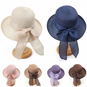 Sombrero de Paja para Mujer, Estilo Floppy, Protección Solar para la Playa, Ala Ancha, Lazo de Cinta, Plegable, Hierba Natural, 56-58CM, Moda de Verano - Product Image 1