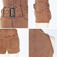 Combinaison courte en jean délavé coupe slim sans manches, extensible, style cargo, avec ceinture, design personnalisable, idéale pour l'été