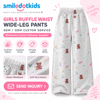 Smiledotkids Pantalon de survêtement personnalisé pour enfants, coupe large, gris, imprimé ours et nœud, taille à cordon de serrage, doux, OEM ODM, pour petites filles, vente en gros