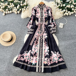 Abito da <span class=keywords><strong>Donna</strong></span> Stile Francese Vintage con Stampa Floreale, Maniche Lunghe, Vita Definita, Linea ad A, Abito da Vacanza, Moda Femminile - Product Image 2
