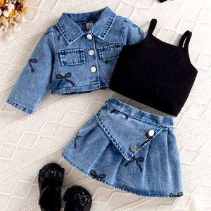 <span class=keywords><strong>Conjunto</strong></span> de Ropa para Niñas 2026, 3 Piezas, <span class=keywords><strong>Chaqueta</strong></span> Vaquera Estampada de Manga Larga con <span class=keywords><strong>Falda</strong></span> Corta - Product Image 1