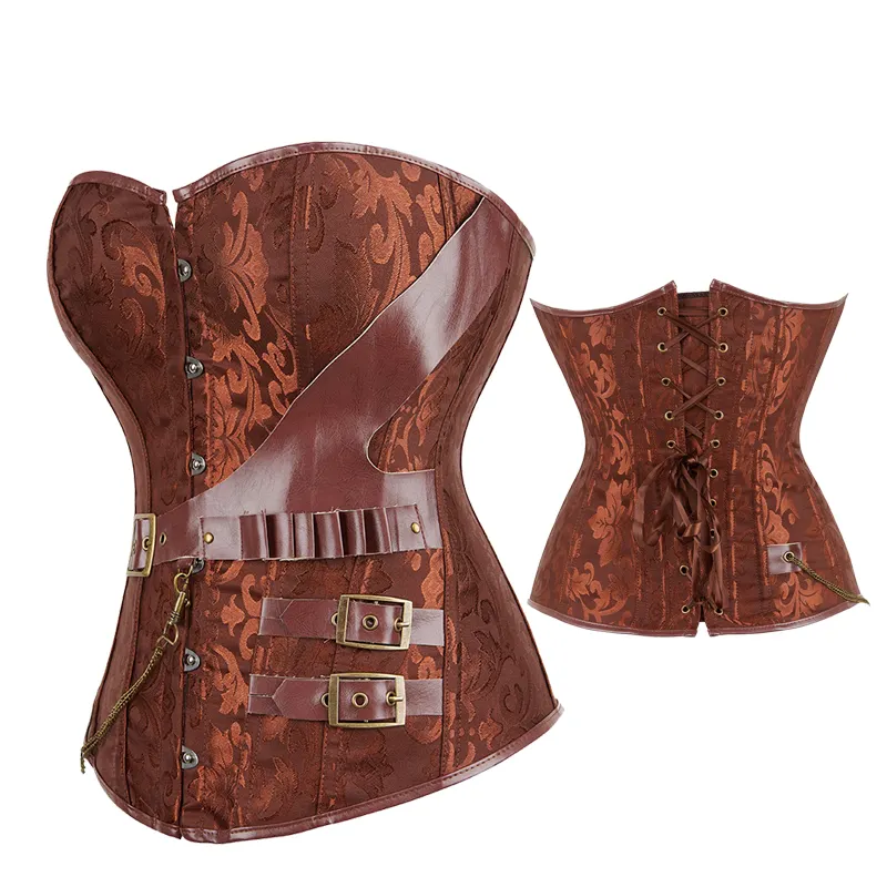 Steampunk Renaissance Leder Schnalle Kette Shape wear Stahl ohne Knochen Retro Brown Waist Cincher Korsett Top