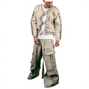 Men's Streetwear Two Piece Set Genuine Leather Breathable Pleated Jacket Wide Leg Cargo <b>Pants</b> Solid Color Full Sleeve Loose Fit - Product Image 2