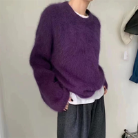 Gebürsteter Polyester-Viskose-Mohair-Strickpullover, Täglicher Flauschiger Locker Sitzender Nerzfell-Pullover mit Rundhalsausschnitt, Übergroßer Damen-Strickpullover