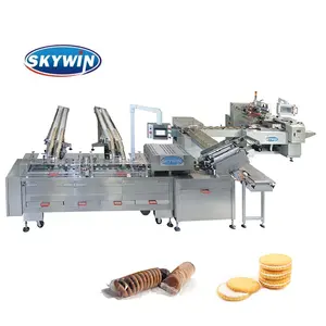 Snack cream filling biscuit sandwiching machine connect dry biscuit on edge packaging machine for food factory