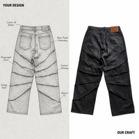 Jeans larges personnalisés pour hommes, 14 oz, noir délavé, panneaux superposés, découpes en maille effilochée, rivets, fabricant OEM