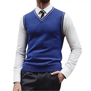 <b>Men's</b> Blue V-Neck Knitted <b>Sleeveless</b> <b>Sweater</b> Vest Solid Color Smart Casual Style - Product Image 2