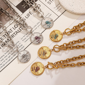 Collar de Acero Inoxidable con Cierre OT, Colgante Redondo Chapado en Oro de 18K, Zirconia Colorida, Joyería para Mujer, Accesorio de Moda - Product Image 1
