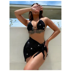 3 Piece Set Swimsuit Summer Solid Color Shiny Sexy Backless Bikini