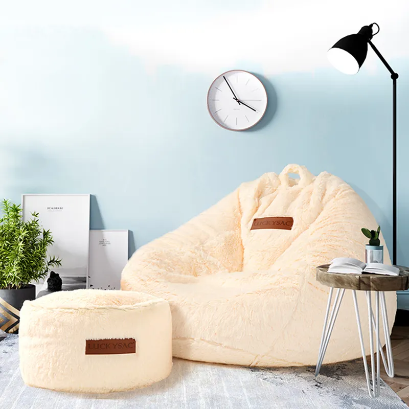 Wholesale Faux Fur Living Room Furniture Luckysac Sofa Set Furniture European Design Teardrop Bean Bag Sofa With Ottoman