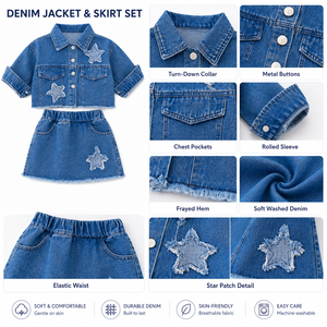 MZJ- Set Due Pezzi in Denim per Ragazze, Giacca in Jeans a Maniche Corte e Gonna, Outfit Casual Estivo per Bambine - Product Image 4