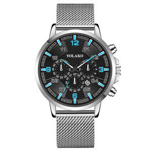 Nouvelle montre pour homme élégante à trois yeux bleu main calendrier numérique montre-bracelet en acier inoxydable bracelet en maille - Product Image 1