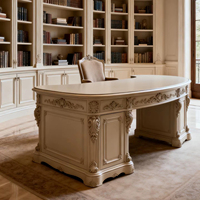 Bureau de direction d'angle en bois massif de style français, avec finition mate sculptée et double armoire, personnalisable