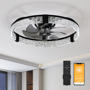 Slim Flush Mount Decorative Ceiling Fan Light Crack Texture 3000K-6500K Color <b>Change</b> 6 Speed Reversible Wind For Small Room - Product Image 1