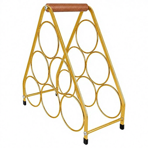 Modern Metal Wine <b>Rack</b> With <b>Wood</b> Handle 6 Bottle <b>Storage</b> Stand Gold Finish Durable Design - Product Image 4