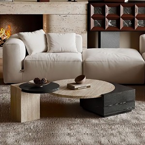 Hiện đại làm tổ Bàn cà phê thiết lập 2 travertine mô hình khung gỗ xoay tròn bên trung tâm bảng cho phòng khách nhà - Product Image 6