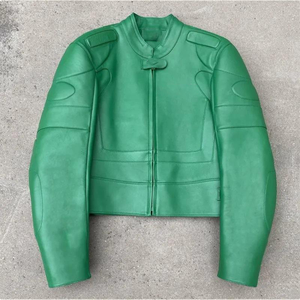 Мужская черная и Зеленая кожаная куртка с логотипом - Product Image 3