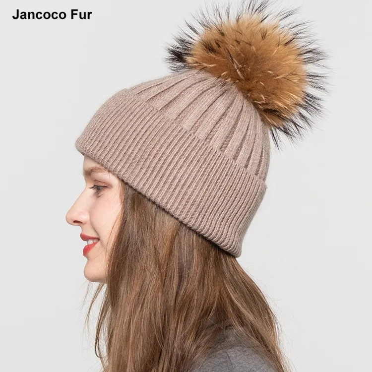 Sombreros de Angora para mujer con pompón de piel de mapache Natural, gorro de punto a la moda, gorro cálido para invierno S7628