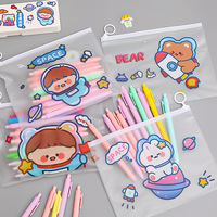 Sac de rangement pour cosmétiques transparent plat A5, imperméable, dessin animé kawaii, grande capacité, trousse à crayons avec fermeture éclair à anneau